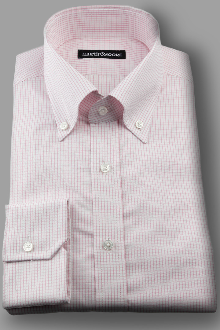Popelinowa Bawełniana Męska Koszula w Różową Cienką Kratkę